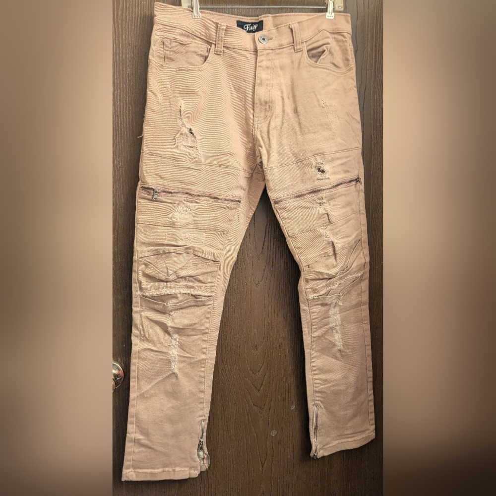 Krisp Jeans Men's khaki Ripped Leg Zippers  Distressed 34X32